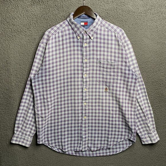 Vintage 90s Tommy Hilfiger Button Shirt Mens XL Check Lightweight Flannel - Picture 1 of 16